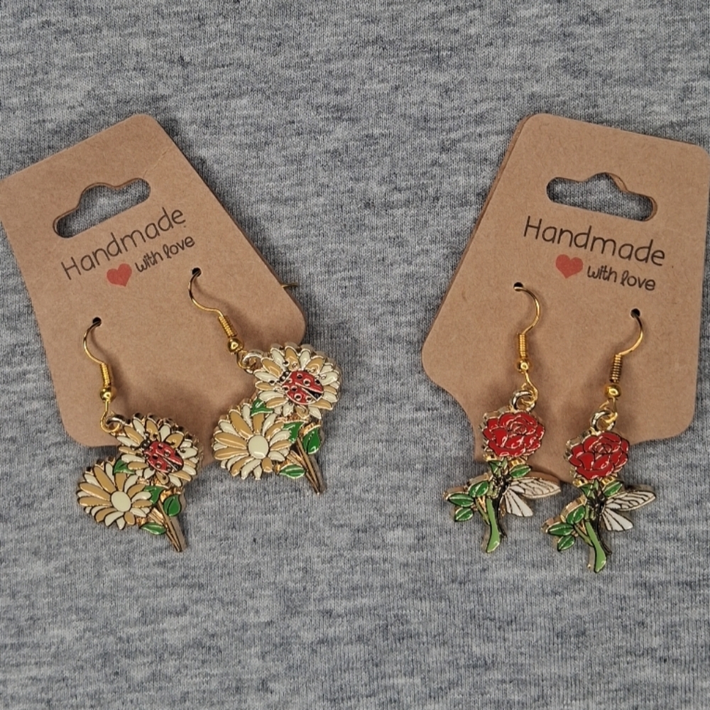 Spring Bundle Of 2 Daisy Ladybug & Roses Dragonflies Dangle Drop Earrings